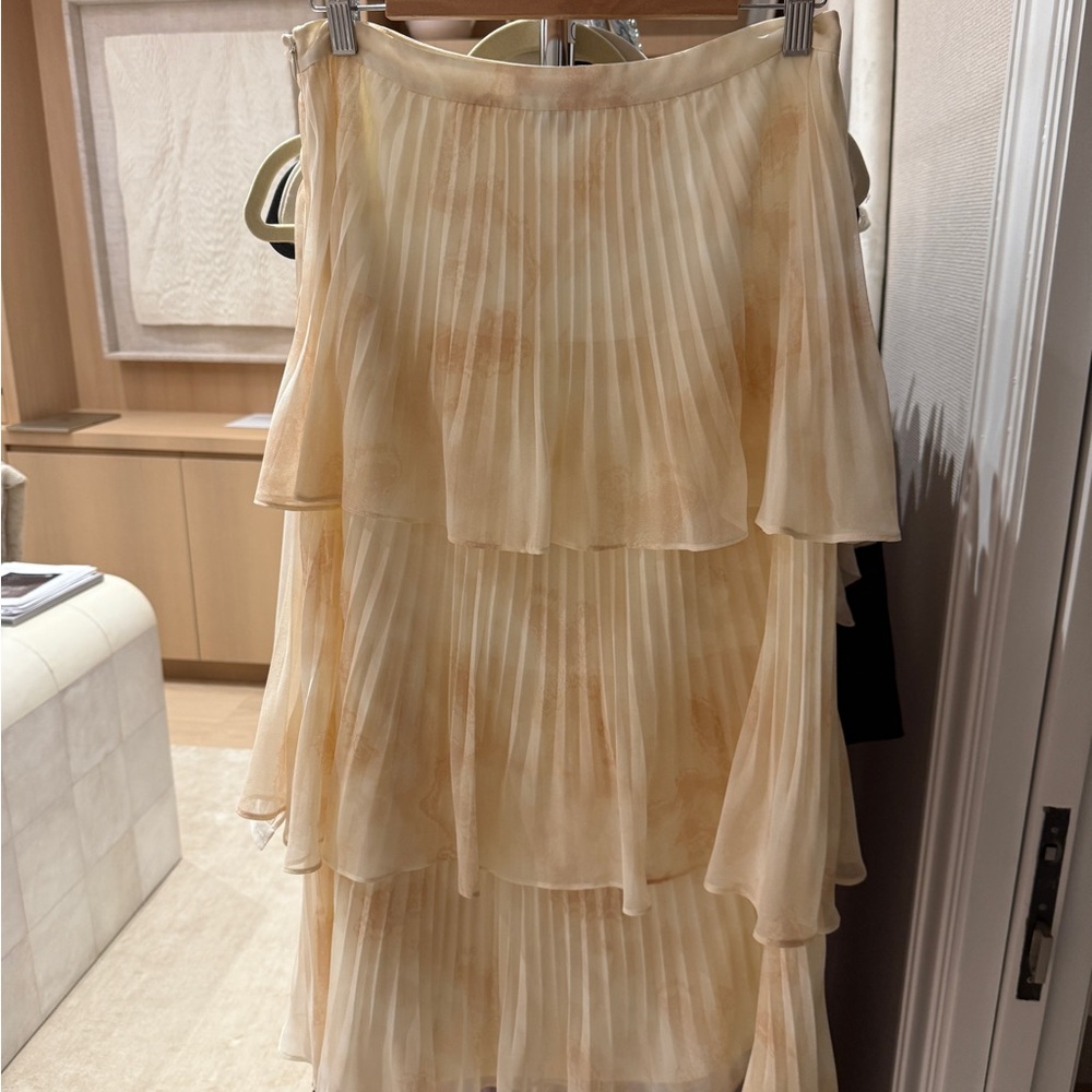 Rachel Parcell Cream Gold Midi Skirt Pleated Tiered